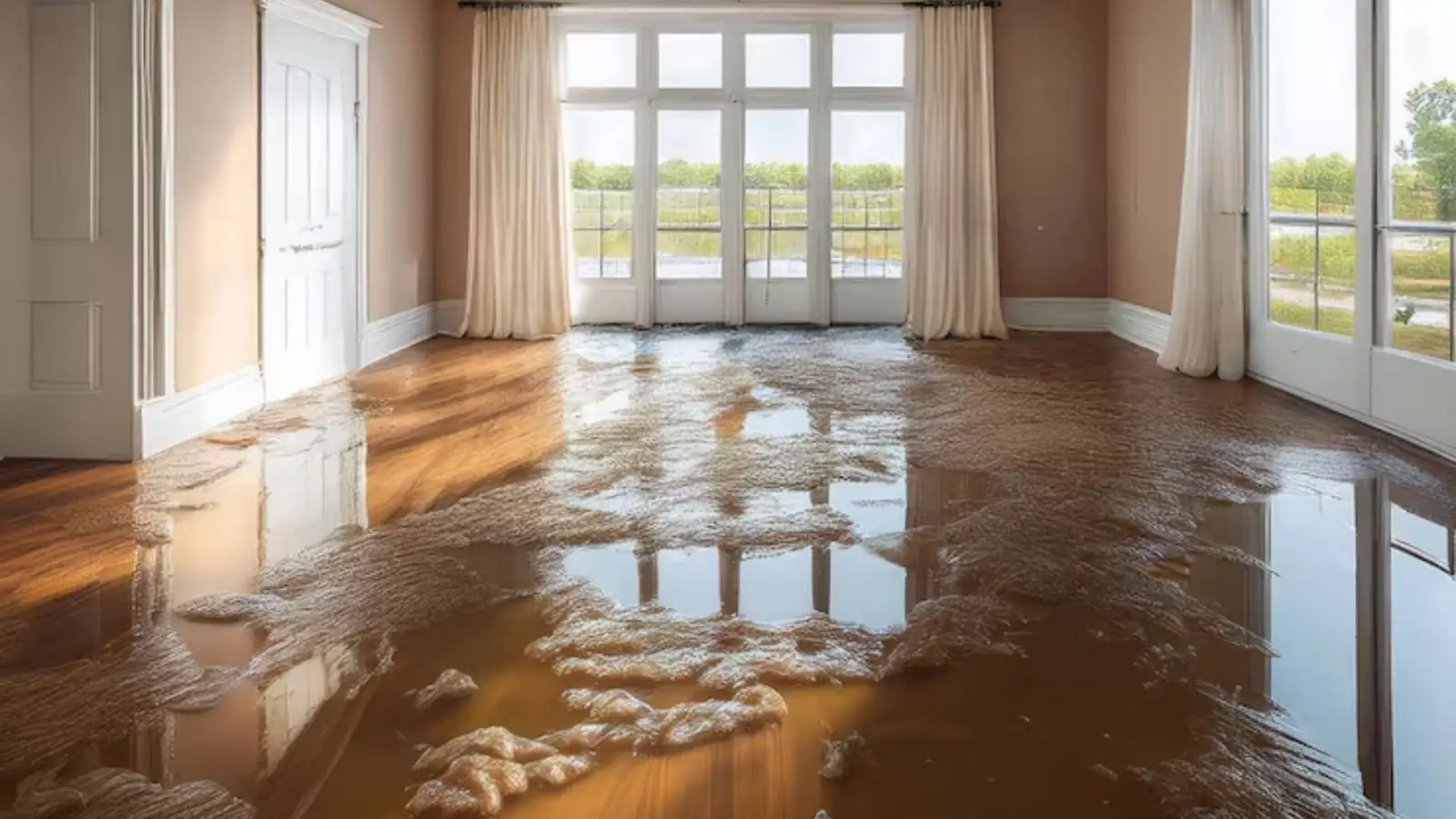 Shallow floodwater across the floor of a bright room with French doors